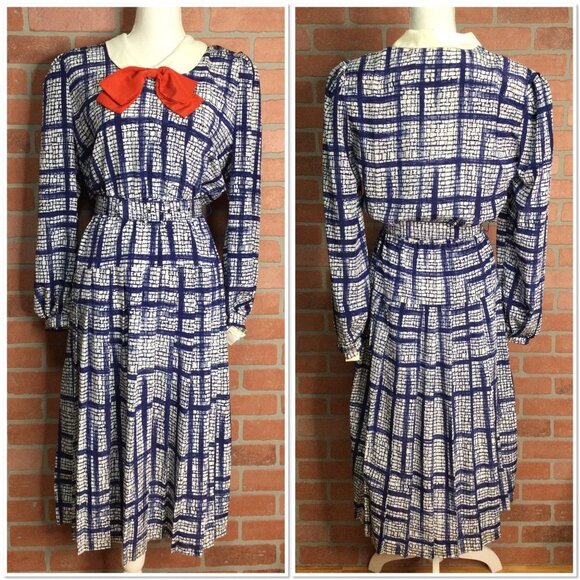 Vintage 80s Jonathan Martin Midi Dress Bow Detail Blouson Sleeves Belted Size 9 - Picture 1 of 10